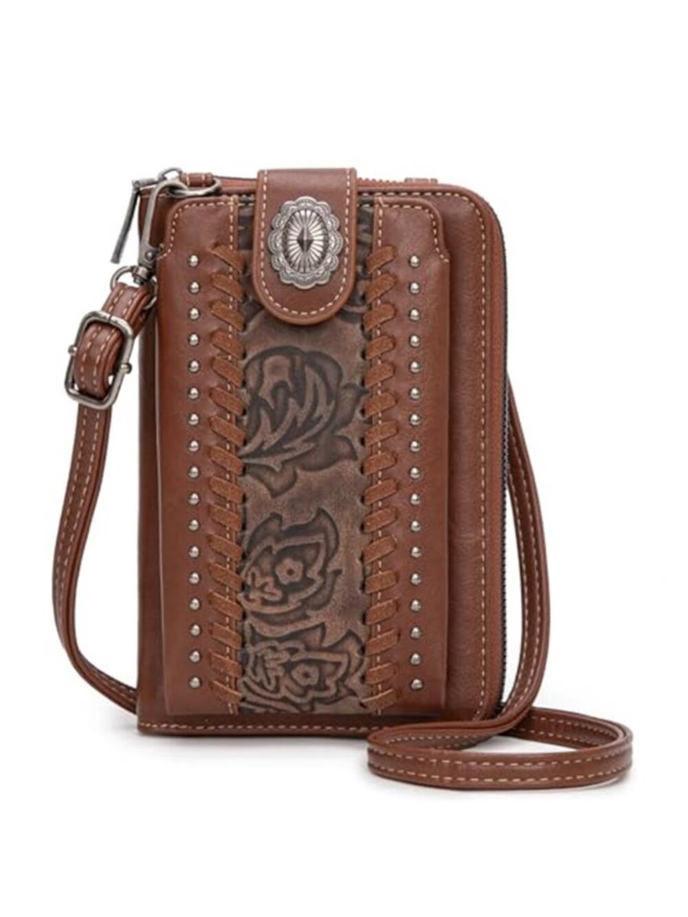 Western Tooled Crossbody Phone Wallet RFID Blocking Purse Cash Slots Zipper
